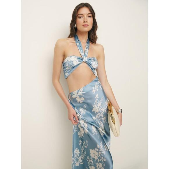 NWT Reformation Vivi Silk Cut-Out Maxi Dress Aliso Blue White Floral Size 2 - Picture 2 of 11
